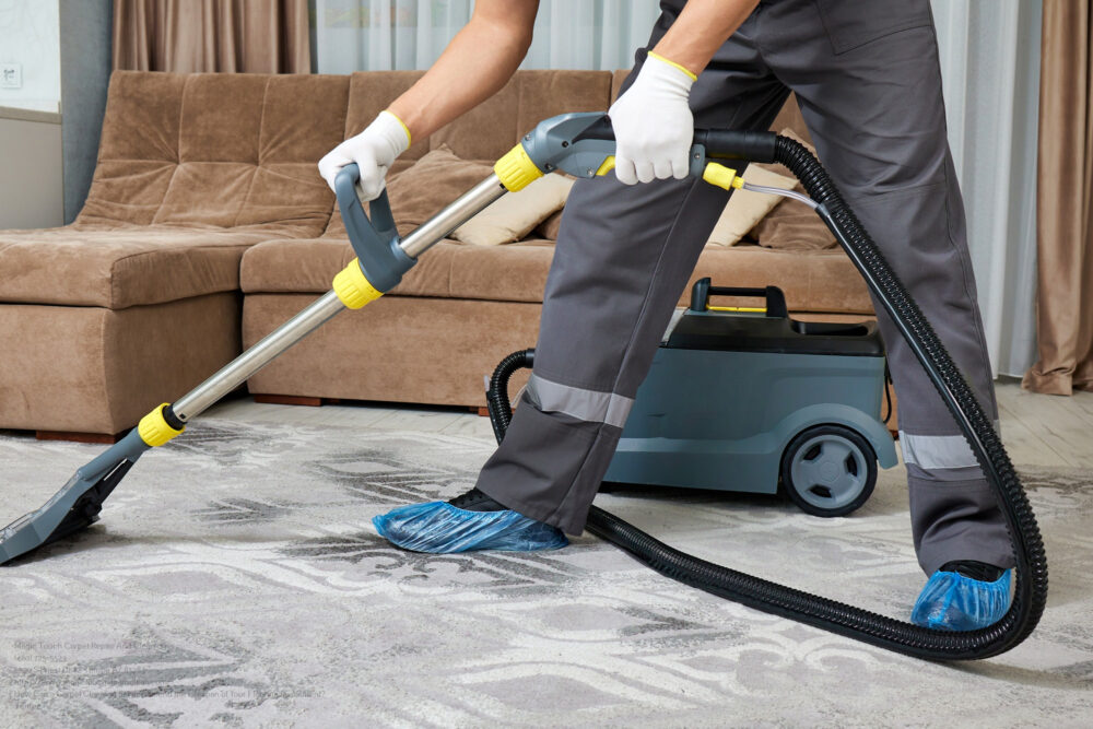 Experienced Cleaner In Special Attire Using Vacuum Cleaner In Large Living Room